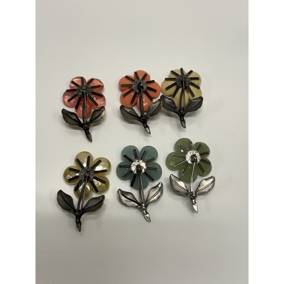 Vintage Lot of 6 Multicolor Flower‎ Brooch Pin Silver/gold Tone - Picture 2 of 2